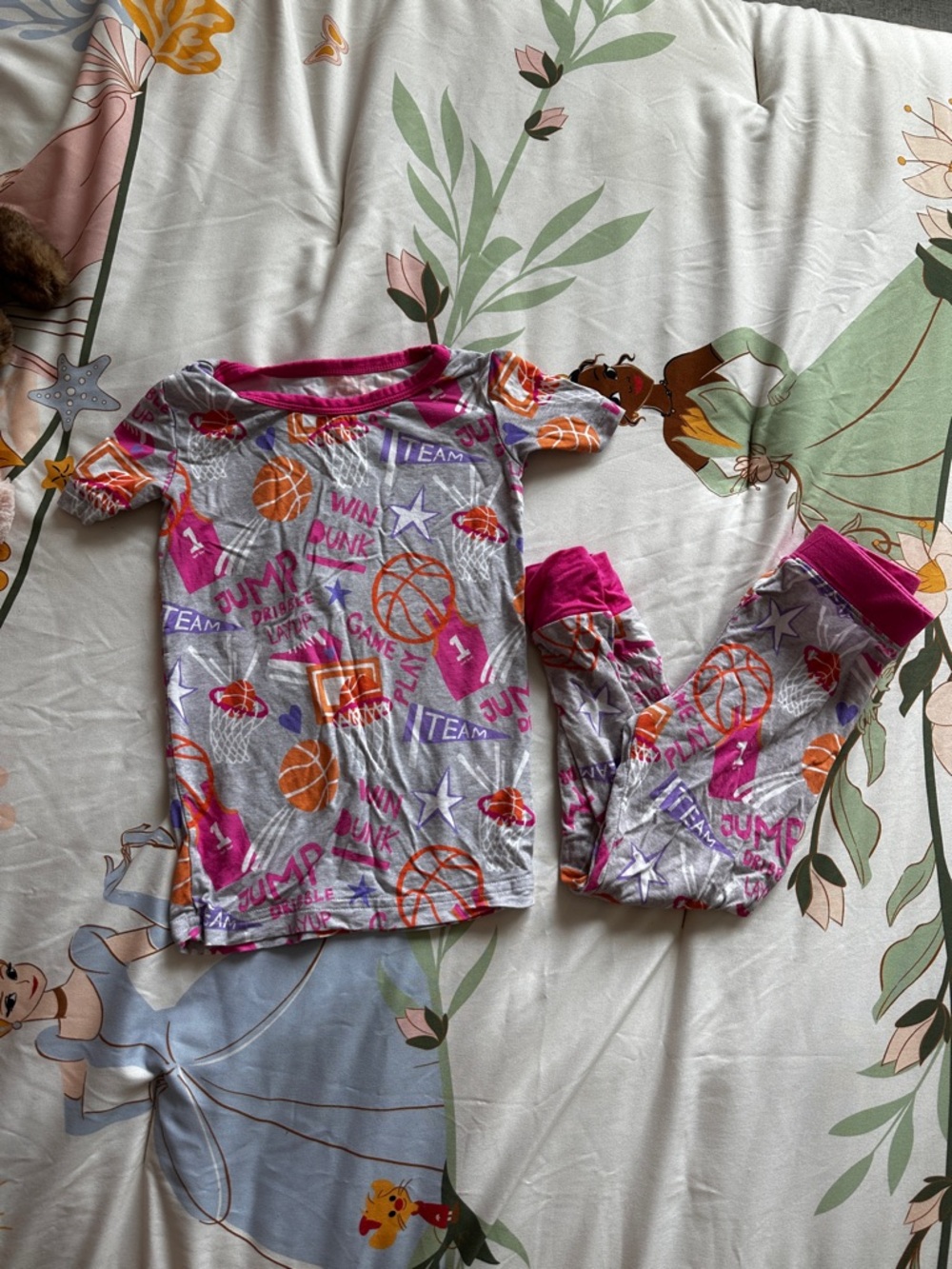 Little Sleepies Gray Pajama Set with Pink & Orange Basketball Print